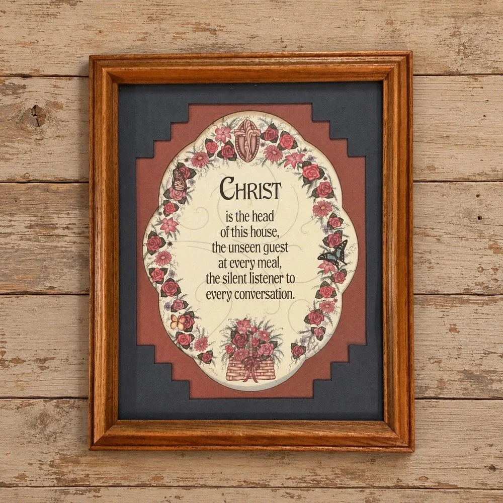 Vintage Christ is the Head of this House Framed Wall Art Floral Blessing 11x9